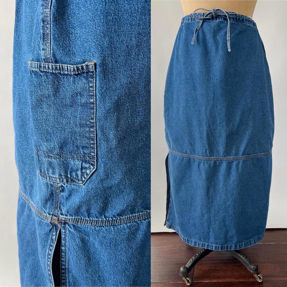 Vintage 1990s Y2K Blue Cotton Denim Maxi Length Cargo Jean Skirt XL 35 36 Waist